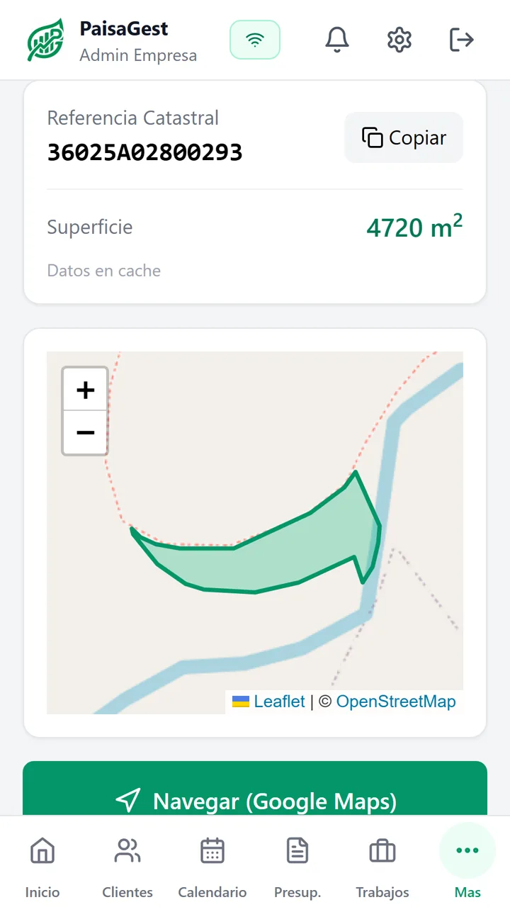 Parcela de 4.720 m² localizada por referencia catastral, con su contorno en verde sobre el mapa