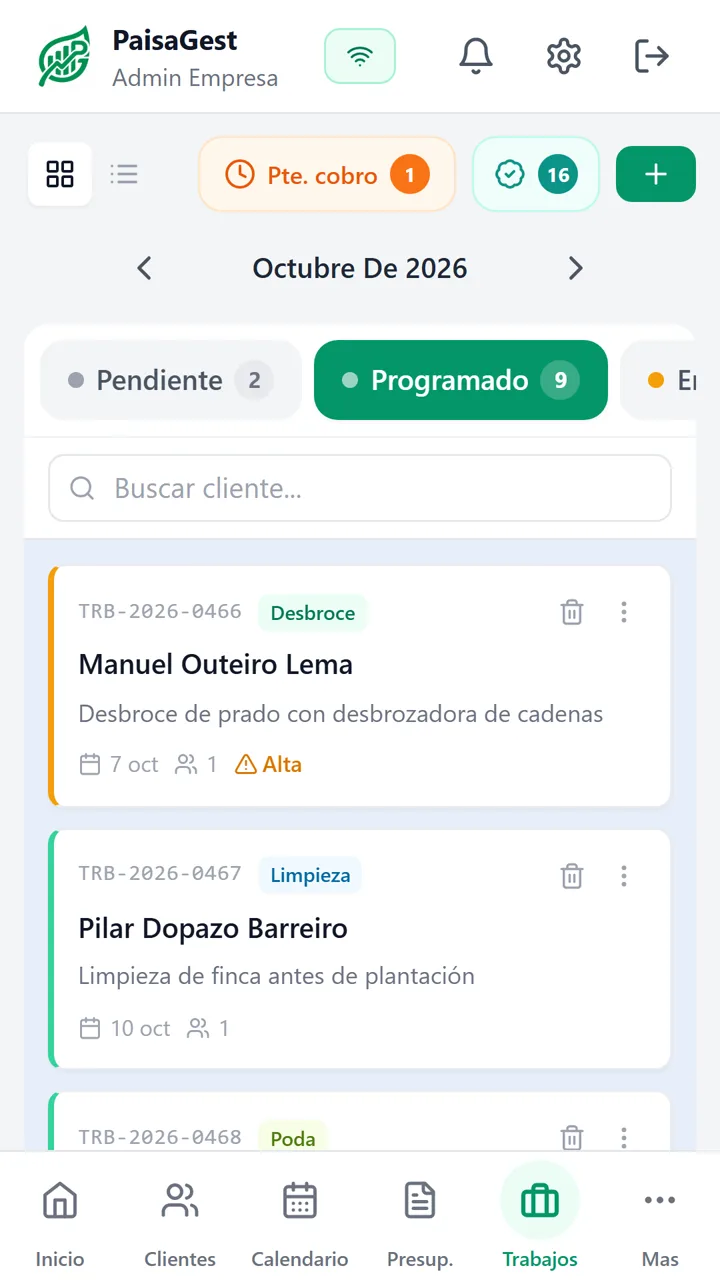 Tablero de trabajos con la columna Programado